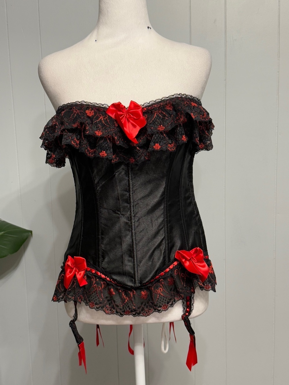 #17) Black Satin & Red Lace Boned Corset with Red Bows and Double lined hooks